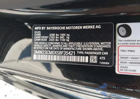 2025 BMW 230 I z USA, uszkodzony, nr VIN 3MW23CM0XS8F35421